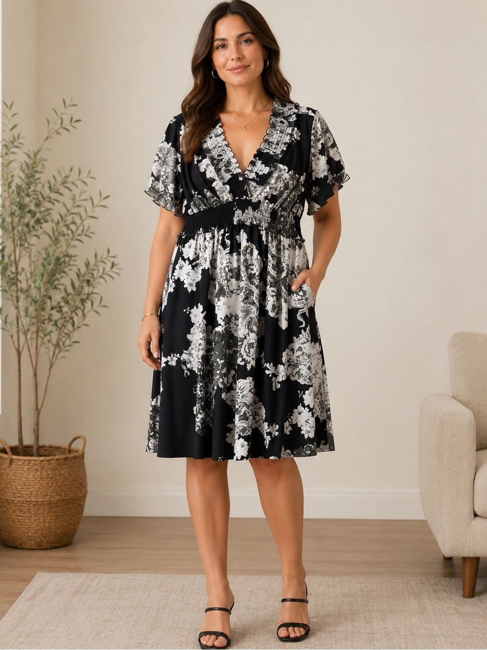 Valerie Bertinelli Black and White Floral Midi Dress Size-Large Romantic Boho